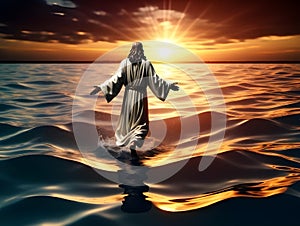 Jesus Christ walking on water and raising hands and praying to god in sunset background. Morning motivation with Jesus Christ