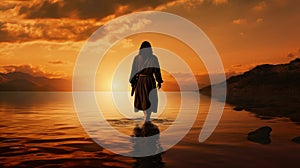 Jesus Christ walking by water at sea, faith and christianity concept