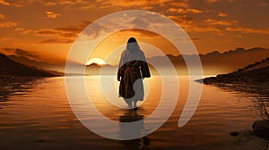 Jesus Christ walking by water at sea, faith and christianity concept