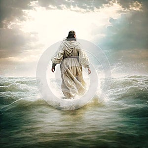 Jesus Christ walking on water on the sea of Galile, generative AI