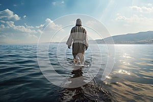 Jesus Christ walking on water on the sea of Galilee. AI generated