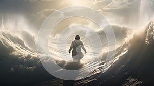 Jesus Christ walking on water. Storm with huge waves. AI generated