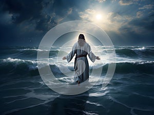 Jesus Christ walks on water across the sea