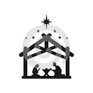 Jesus Christ was born symbol. Merry Christmas. Mary and Joseph bowed to the newborn Savior in a stable. Vector EPS 10