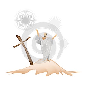 Jesus Christ with Wooden Cross on A Mountain