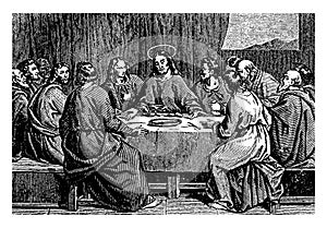 Jesus Communes with His Disciples at the Last Supper vintage illustration