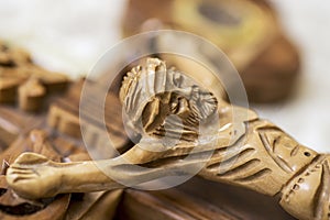 Jesus on the cross in church. Wooden cross with Jesus Christ crucifixion