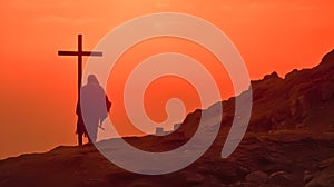 Jesus and cross on Golgotha hill, red sky, sunset, dawn, christ, generative AI