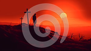 Jesus and cross on Golgotha hill, red sky, sunset, dawn, christ, generative AI