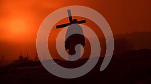 Jesus and cross on Golgotha hill, red sky, sunset, dawn, christ, generative AI