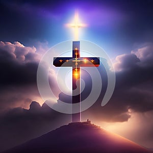 Jesus Cross On Hill with Abstract Flare Effects And Defocused Lights and clouds