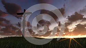 Jesus on Cross, meadow and timelapse sunrise, stock footage