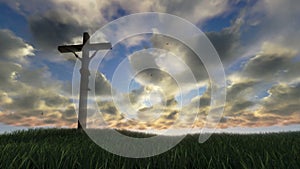 Jesus on Cross, meadow and timelapse sunset, stock footage