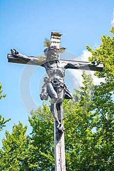 Jesus on the cross, statue on Kalvarienberg, Calvary Mountain, Bad Toelz, Bavaria, Germany