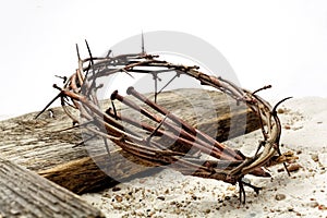 Jesus Crown Thorns and nails and cross on sand. Vintage Retro Style.