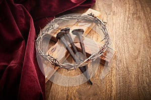 Jesus Crown Thorns and nails on Old and Grunge Background.