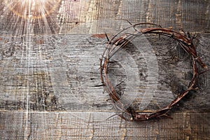 Jesus Crown Thorns on Old and Grunge Wood Background. Vintage Retro Style.