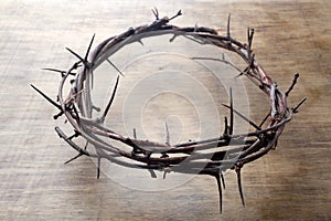 Jesus Crown Thorns on Old and Grunge Wood Background. Vintage Retro Style.