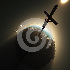 Jesus crucifix above world