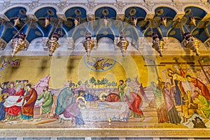 Jesus dead Mosaic in Church of the Holy Sepulchre, Jerusalem Christian Quarter, Palestine. photo