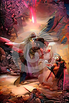 Jesus defeats the angel of death-imaginative colorful painting