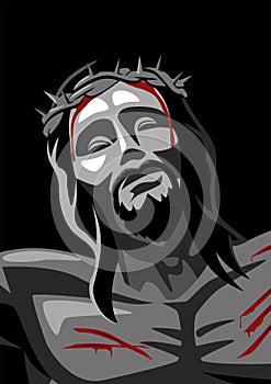 Jesus face on the cross wearing a crown of thorns