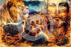 Jesus The Good Shepherd, Jesus and lambs and lion.