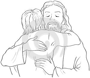 Jesus hugging child black and white illustration. Vector cartoon christian coloring page