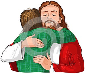 Jesus hugging child image. Vector cartoon christian illustration isolated on white. Also available black and white version