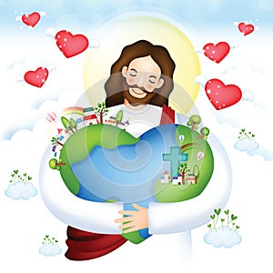 jesus hugging planet earth. Vector illustration decorative design