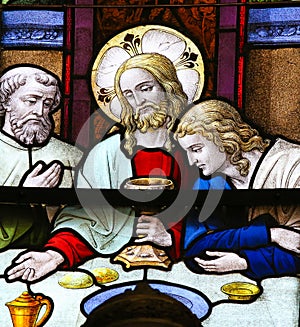 Jesus at Last Supper on Maundy Thursday - Stained Glass in Mechelen Cathedral