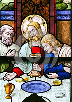 Jesus at Last Supper on Maundy Thursday - Stained Glass in Mechelen Cathedral