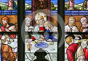 Jesus at Last Supper on Maundy Thursday - Stained Glass in Mechelen Cathedral