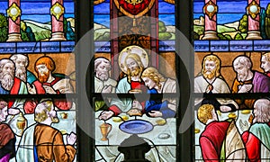 Jesus at Last Supper on Maundy Thursday - Stained Glass in Mechelen Cathedral