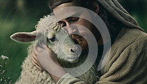 Jesus and the Lost Sheep. AI generative.