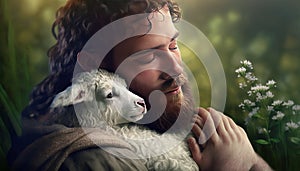 Jesus and the Lost Sheep. AI generative.