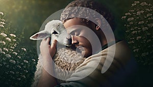 Jesus and the Lost Sheep. AI generative.