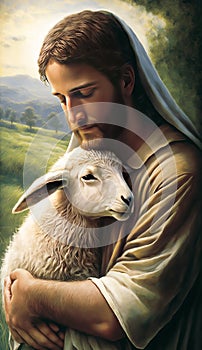 Jesus and the Lost Sheep. AI generative.