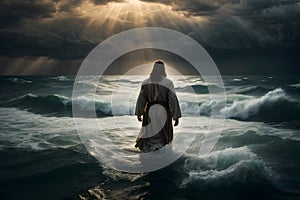 Jesus miraculously walks on water and calms the stormy sea