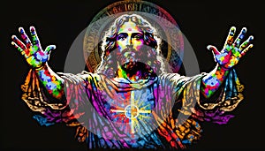 Jesus open arms showing hands, colorful blessing design, Background 4k, printing