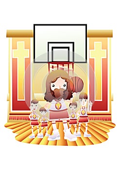 jesus playing basketball with children. Vector illustration decorative design