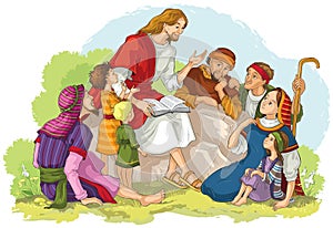 Jesus preaching to a group of people. Vector cartoon christian illustration