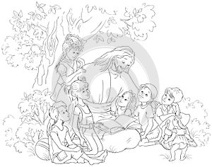 Jesus reading the Bible with Children coloring page. Vector cartoon christian black and white illustration