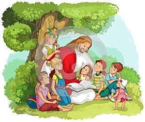 Jesus reading the Bible with Children. Vector cartoon christian illustration