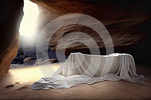 Jesus Rising from The Dead - Sihouetted Figure Leaving Cave Tomb - Generative AI