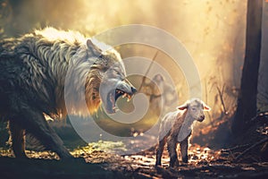 Jesus running towards wolf and lamb