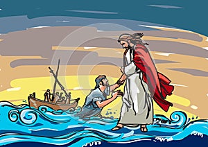 Jesus saving Peter from the sea colour illustration