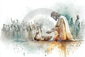 Jesus sits and eats at the table with publicans and sinners. Generative AI.