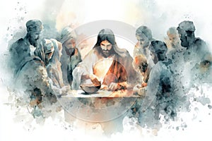 Jesus sits and eats at the table with publicans and sinners. Generative AI.