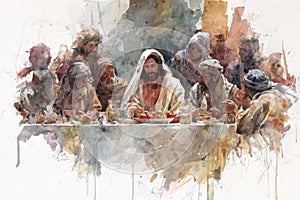 Jesus sits and eats at the table with publicans and sinners. Generative AI.